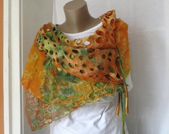 Mother's Day present,Gift for Her, Felted scar,Orange green scarf, Nuno felted scarf,Wool viscose scarf,Birthday present,Extravagant scarf