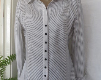 Blusa ajustada de mezcla de algodón a rayas - Camisa de oficina de talla grande
