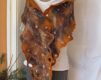 Gift for Her,Felted scarf, Winter scarf, Rusty brown wool-silk scarf, Nunofelted scarf, Scarf with two faces, Perfect birthday present