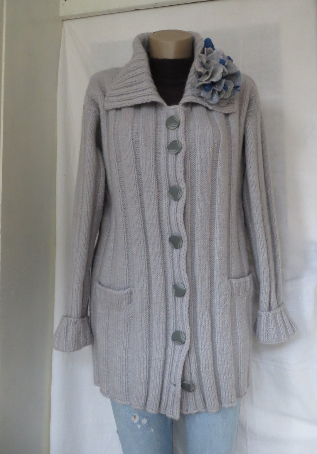 Womens Grey Cardigan Handknit Woollen Cardigan With Inner Etsy