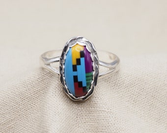 Ladies Multi Stone Inlay Ring, Handmade Sterling Silver Ring, 925 Silver Ring, Multi Color Ring, Under 60 Dollars, Gift For Her, #2405
