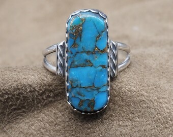 2298, Ladies Copper Turquoise Sterling Silver Handmade Ring, Rectangular Turquoise Ring, 925 Silver Ring, Gift For Her, Under 80 Dollars