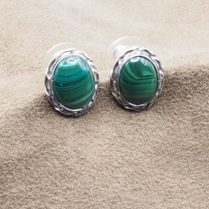 2541, Ladies Malachite Post Earrings, Handmade Malachite Earrings, 925 Sterling Silver, Green Oval Earrings, Gift For Her, Under 70 Dollars