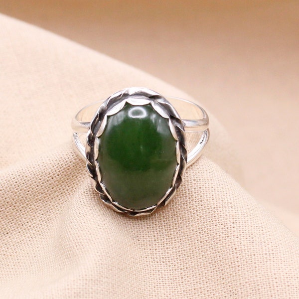 Ladies Jade Sterling Silver Ring, Handmade Ring, Jade Jewelry, Gift For Her, Under 70 Dollars, 925 Silver, Green Oval Sterling Ring, #1012