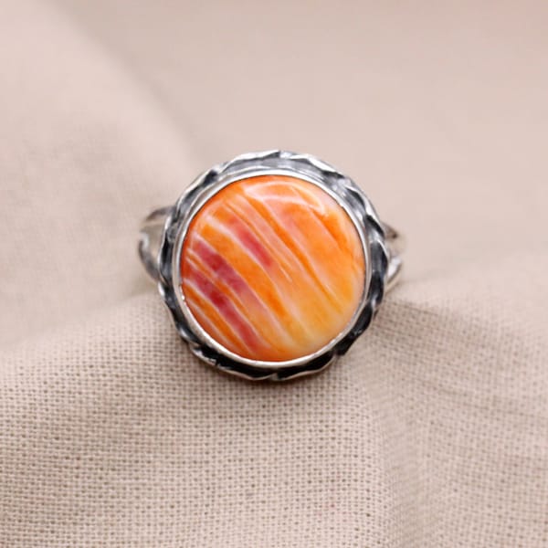 Ladies Spiny Oyster Sterling Silver Handmade Ring, Ladies 925 Silver Ring, Gift For Her, Round Orange Stone Ring, Under 60 Dollars, #2381