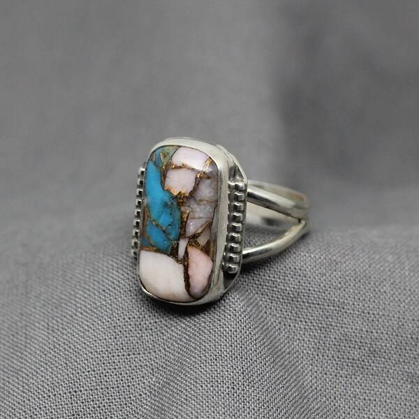 Ladies Combination Turquoise and Peruvian Opal Sterling Silver Ring, Ladies 925 Silver Handmade Ring, Gift For Her, Under 100 Dollars, #2091