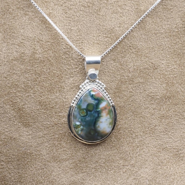 Ladies Ocean Jasper Sterling Silver Handmade Pendant with 20" Sterling Silver Chain, Gift For Her, 925 Silver, Under 200 Dollars, #2436