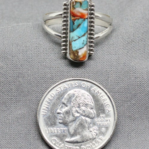 Shipping Ladies Combination Spiny Oyster and Turquoise Sterling Silver Handmade Ring, Ladies 925 Silver Ring, Gift For Her, Under 70 Dollars, #2210