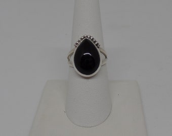 Black Onyx Ring, Ladies Black Onyx Ring, Sterling Silver Onyx Ring, Pear Shaped Onyx Ring, Gift For Her, Under 70, Silver Onyx, 1909