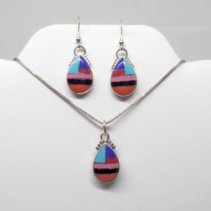 Multi Stone Earrings Pendant Set, Multi Stone Inlay Earrings, Pendant, Necklace, Sterling Silver Pendant Earring Set, Under 100, 1614
