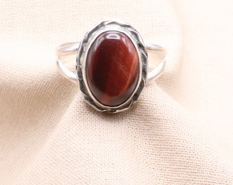 Ladies Tiger's Eye Ring, Sterling Silver, Handmade, 925 Silver Ring, Oval Red Ring, Gift For Her, Under 60 Dollars, Red Tiger's Eye, #1244