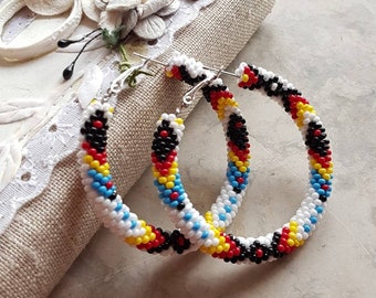 Seed bead hoop earrings Multicolor beaded hoop earrings Colorful 2 inch seed bead hoops Handmade jewelry Maximalist circle earrings