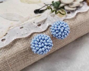 Periwinkle blue  beaded stud earrings for wedding day Bridesmaid forget me not jewelry Small light blue studs Beaded button posts