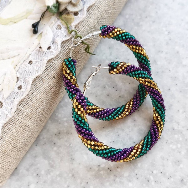Mardi gras earrings Beaded purple green gold sparkly hoop earrings Seed bead circle hoops Large or small size Carnival jewelry
