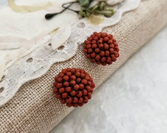 Terracotta bride earrings for wedding day Rustic wedding bridesmaid jewelry Fall small seed bead studs Burnt sienna beaded button post