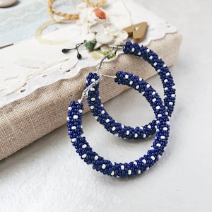 Navy blue polka dot earrings Dark blue and white large dotted hoop earrings Big seed bead spot hoops Handmade beaded jewelry gift for women