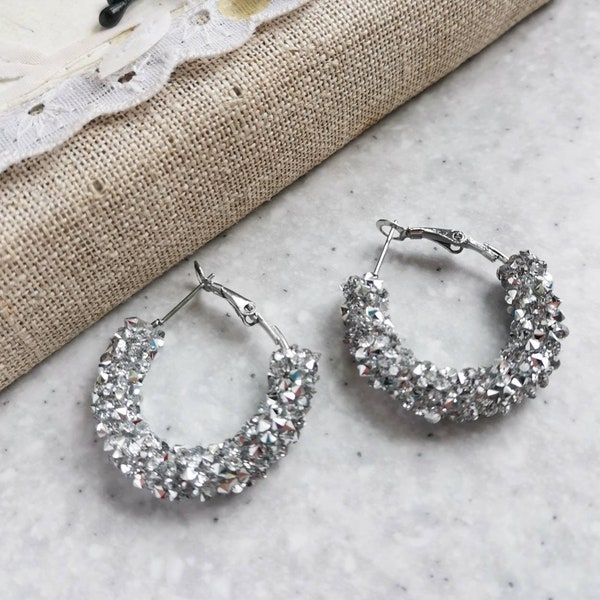 Bridesmaid earrings set of 6 Small sparkle hoops Bling hoop earrings Glitzy wedding earrings