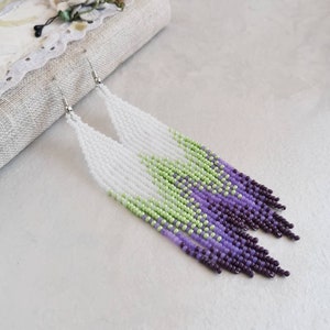 Long seed bead fringe earrings Green and purple beaded ombre earrings Lavender gradient earrings Chandelier handmade earrings Christmas gift