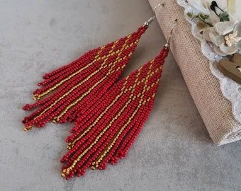 Dark red and gold long seed bead earrings Two tone beaded fringe earrings Handmade jewelry Surgical steel Sister gift from sister