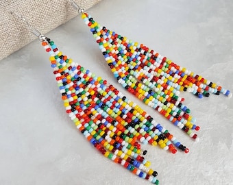 Colorful long seed bead earrings Multicolor beaded dangle fringe earrings Rainbow chandelier earrings Handmade boho jewelry Christmas gifts