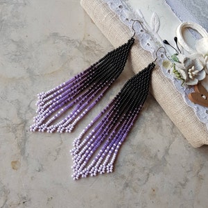 Purple beaded fringe earrings Lavender long seed bead dangle earrings Gradient fringe earrings Handmade beaded jewelry gift for women her