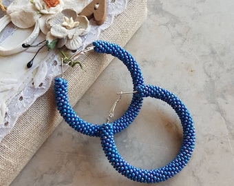 Blue beaded hoop earrings Large / medium / small size hoops Seed bead circle earrings Handmade beadwork jewelry gift for women