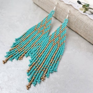 Turquoise blue and golden chandelier earrings Beaded fringe earrings Long seed bead dangle earrings Boho jewelry gift for women / for her
