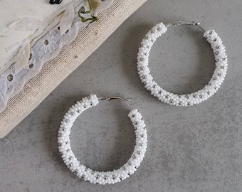 White and silver polka dot earrings Large dotted hoop earrings Seed bead hoops Big small medium size Handmade beaded jewelry gift for women