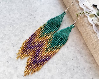 Mardi gras long beaded earrings Purple green gold fringe earrings Festive dangle seed bead earrings Beaded jewelry gift for women