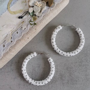 White and silver polka dot earrings Large dotted hoop earrings Seed bead hoops Big small medium size Handmade beaded jewelry gift for women
