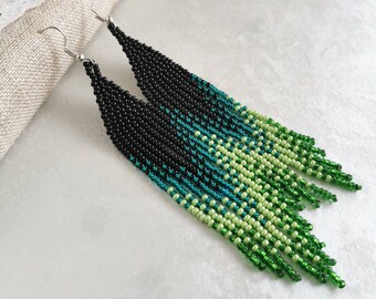 Green ombre beaded earrings, beaded fringe earrings, long seed bead earrings St Patricks day Handmade jewelry gift for women Ukraine sellers