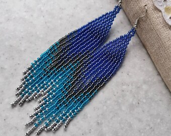 Dark blue gradient beaded earrings Long seed bead fringe earrings Bohemian dangle chandelier earrings Beadwork handmade Boho jewelry gift