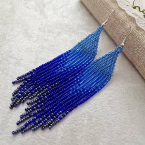 Royal blue beaded earrings Long dark blue gradient dangle earrings Seed bead fringe earrings Navy blue jewelry gift for women her