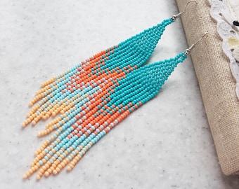 Turquoise and peach long beaded chandelier earrings Boho short vibrant coral and blue seed bead earrings Mediterranean jewelry inspired