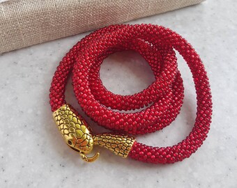 Red & Gold Snake Lariat Necklace - Beaded Ouroboros Rope Necklace
