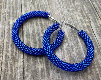 Royal blue hoop earrings Sapphire blue seed bead earrings Large beaded hoops Beadwork jewelry Ukraine sellers shop small business