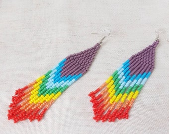 Colorful long beaded earrings Rainbow seed bead dangle earrings Handmade jewelry