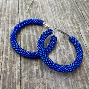Royal blue hoop earrings Sapphire blue seed bead earrings Large beaded hoops Beadwork jewelry Ukraine sellers shop small business