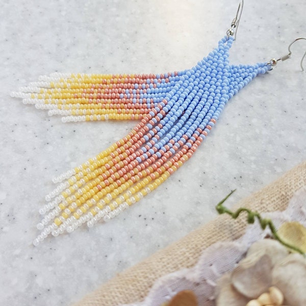 Blue pink long seed bead earrings Beaded gradient chandelier bijoux Dangle fringe earring Boho gypsy hippie women jewelry gift