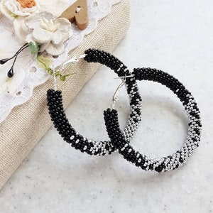 Black and silver beaded hoop earrings Big circle seed bead earrings Large hoops Beadwork handmade jewelry for women Pageant Prom Wedding