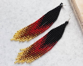 Black red golden beaded fringe earrings Long seed bead shoulder length earrings