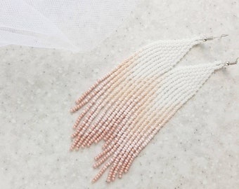 White, peach, pink gradient long beaded earrings Handmade seed bead chandelier earrings Dangle fringe earrings Boho jewelry for women gift