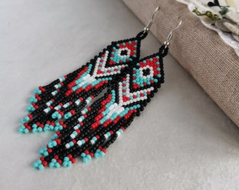 Turquoise seed bead fringe earrings Blue beaded dangle earrings Handmade jewelry