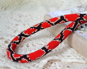 Red and gold snake necklace Seed bead crochet rope Serpent / python animal print Gifts for wife / sister / mom Costume jewelry for women