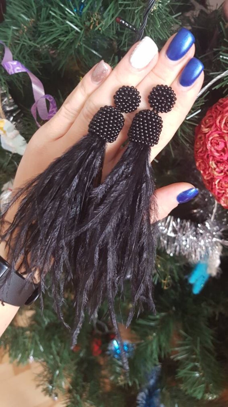 Tassel Gothic crochet earrings Long black natural ostrich feathers earrings Shoulder duster jewelry