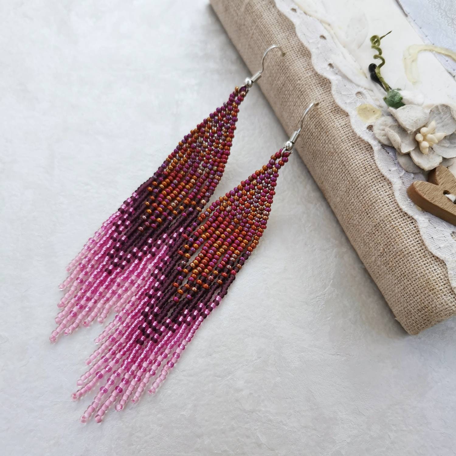 Pink Ombre Beaded Fringe Earrings Long Seed Bead Dangle Earrings Boho ...