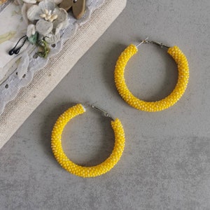 Yellow beaded hoop earrings Miami vacation circle earrings Large or small bright seed bead earrings Sunny oversized hoops  Beadwork jewelry