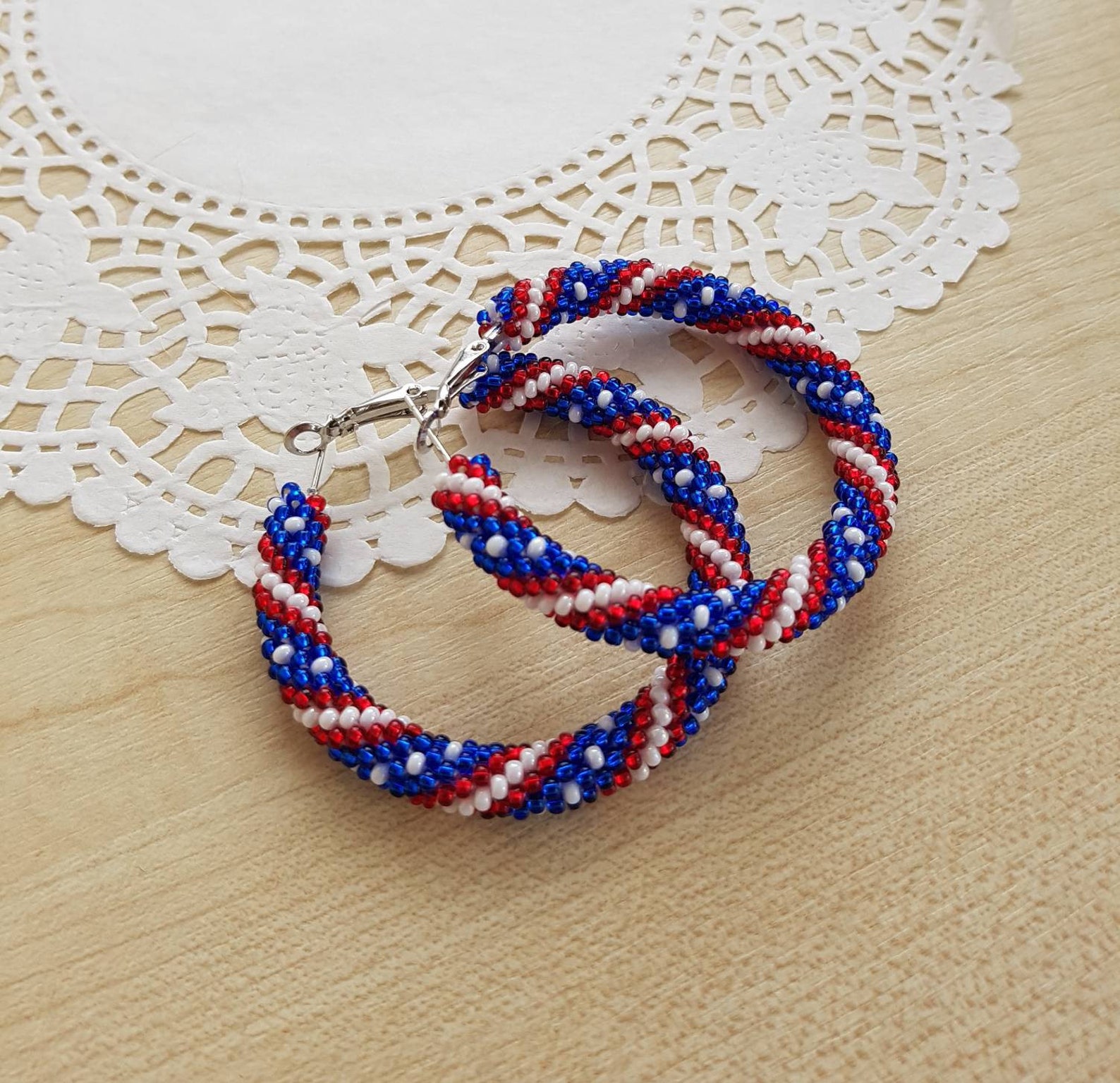 4th of july beaded hoop earrings USA flag seed bead earrings Etsy