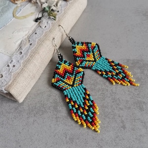 Colorful seed bead earrings Turquoise ethnic beaded fringe earrings Long dangle chandelier earrings Boho Bohemian Beadwork handmade jewelry