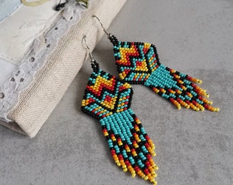 Colorful seed bead earrings Turquoise ethnic beaded fringe earrings Long dangle chandelier earrings Boho Bohemian Beadwork handmade jewelry